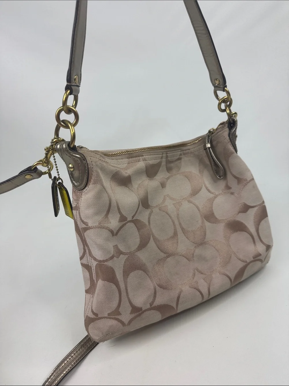 Coach Signature C Canvas Crossbody Bag Beige Gold Leather Trim Coral lined